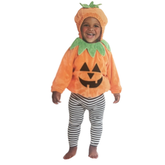 Kids' Pumpkin Halloween Costume with Green Leaf Accents - Picture 1 of 7